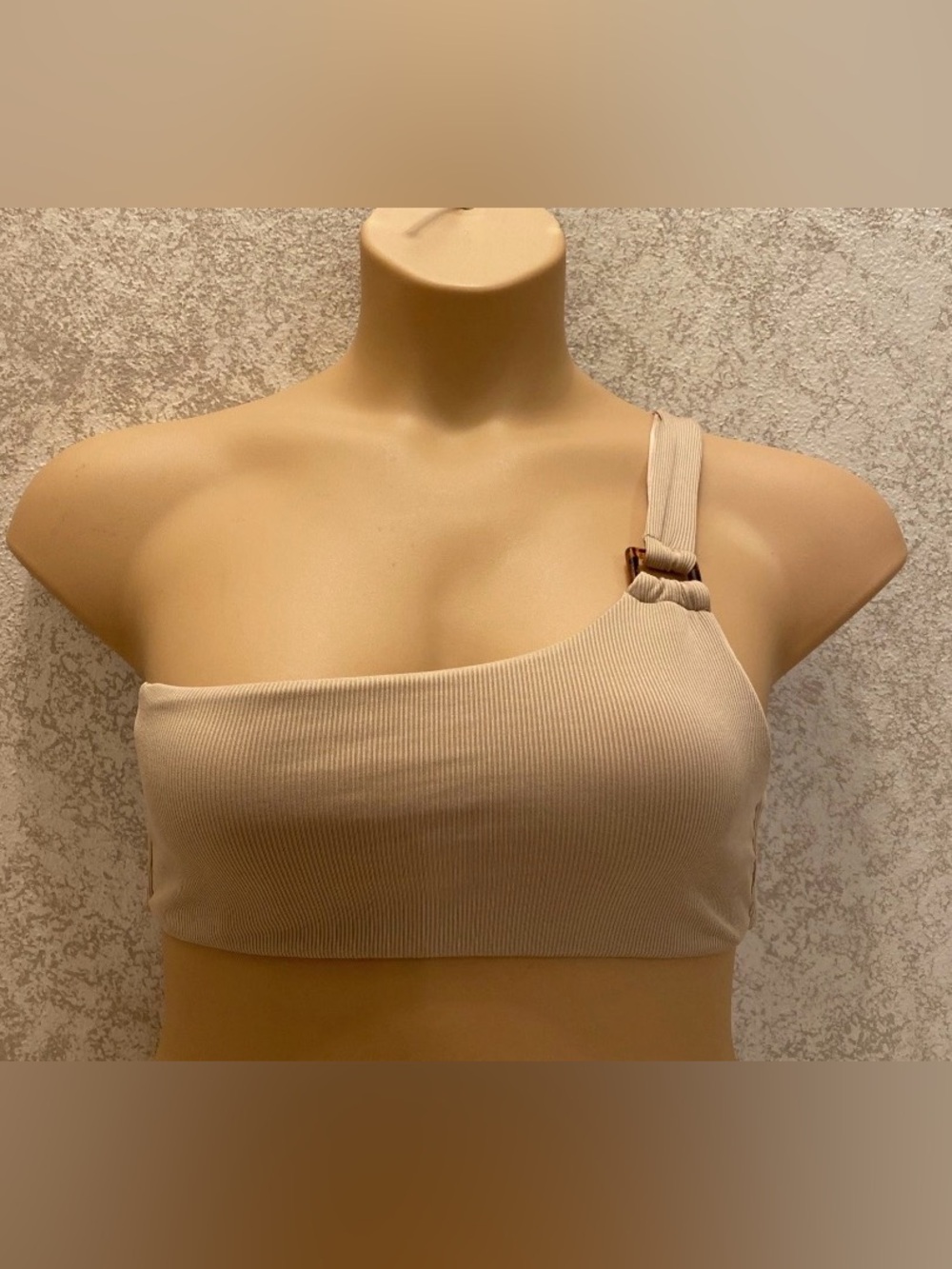 SHEIN Beige One-Shoulder Ribbed Swim Top with Ring Accent